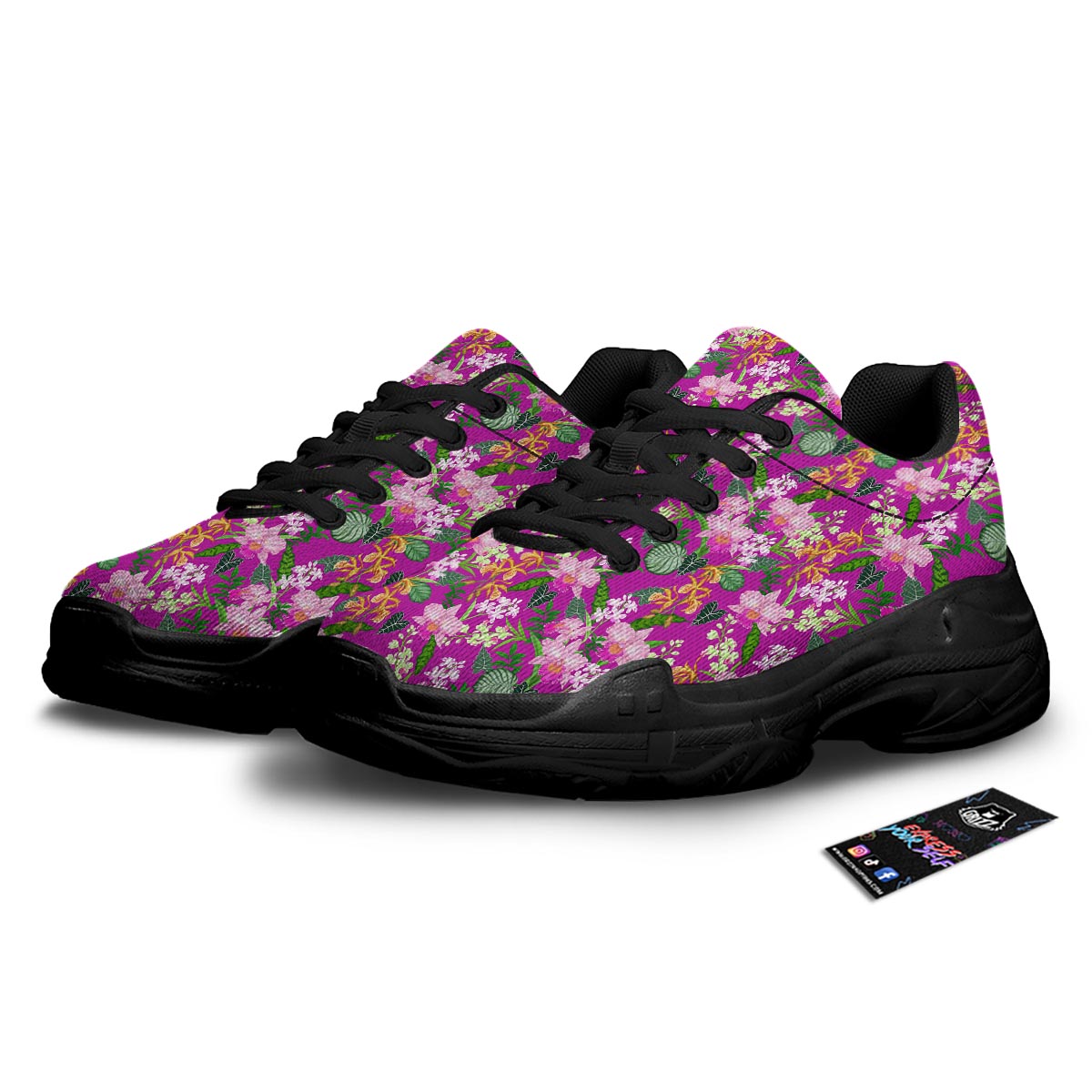 Cattleya Tropical Print Pattern Black Chunky Shoes-grizzshop