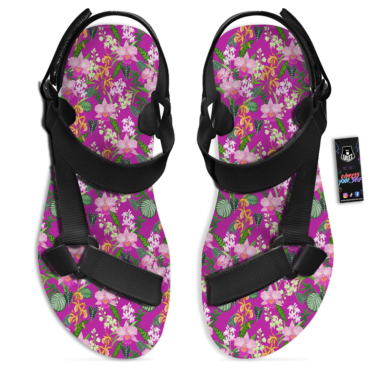 Cattleya Tropical Print Pattern Black Open Toe Sandals-grizzshop