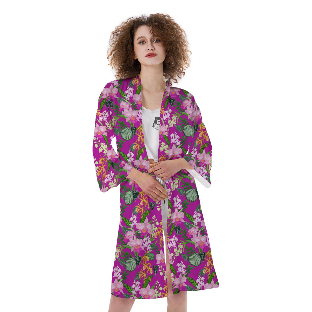 Cattleya Tropical Print Pattern Kimono-grizzshop