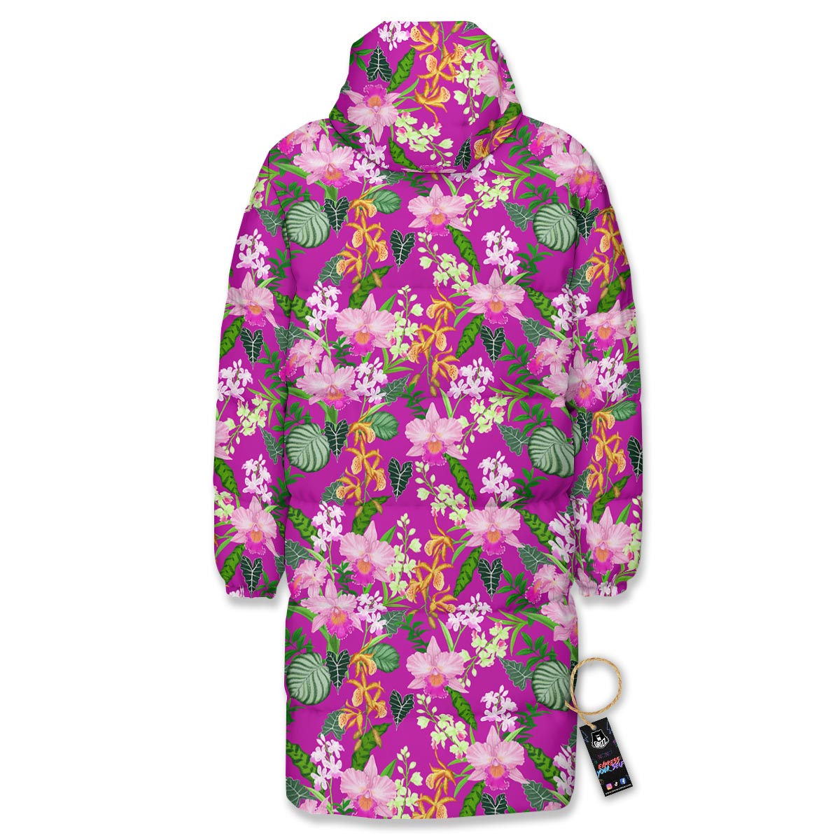 Cattleya Tropical Print Pattern Long Down Jacket-grizzshop