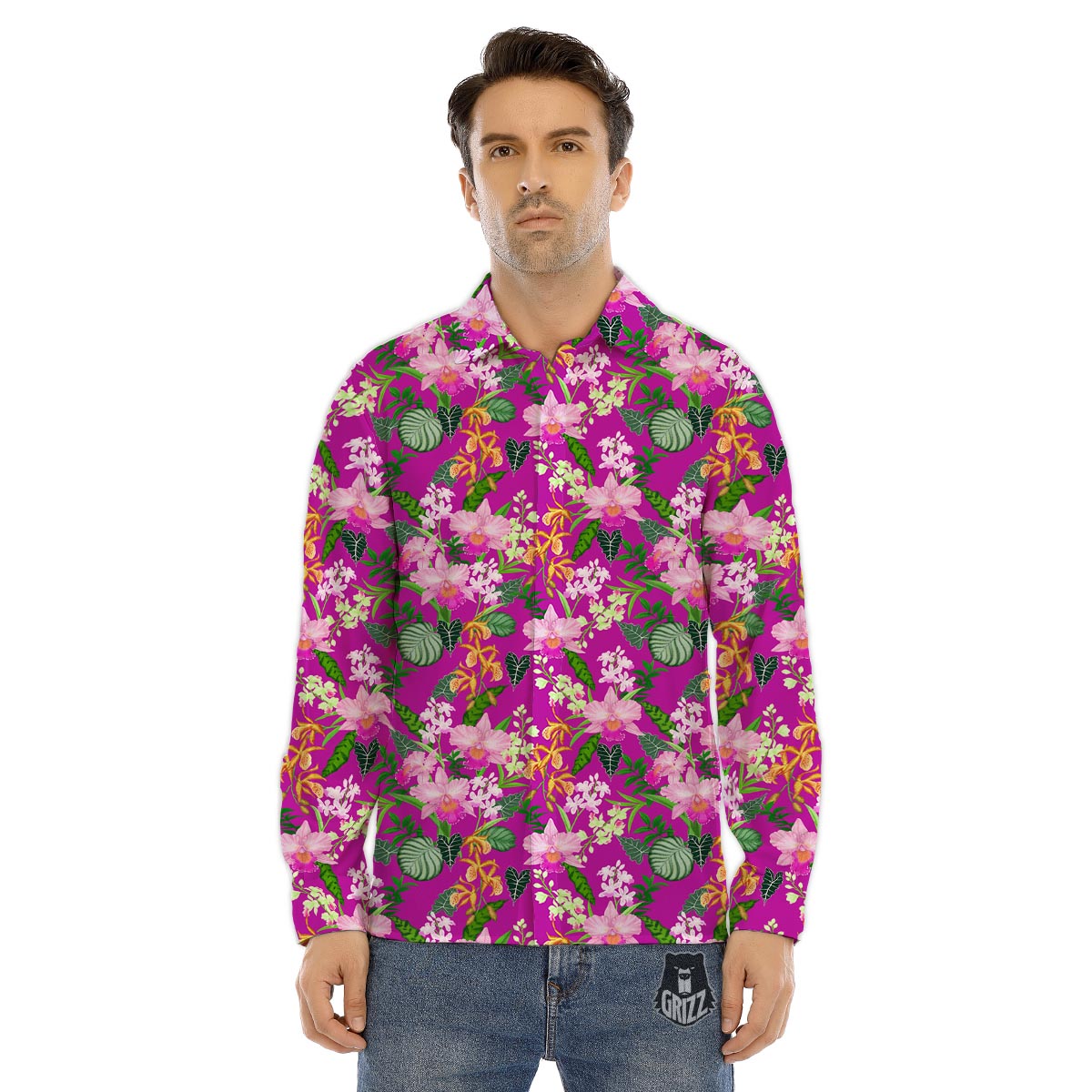 Cattleya Tropical Print Pattern Men's Dress Shirts-grizzshop