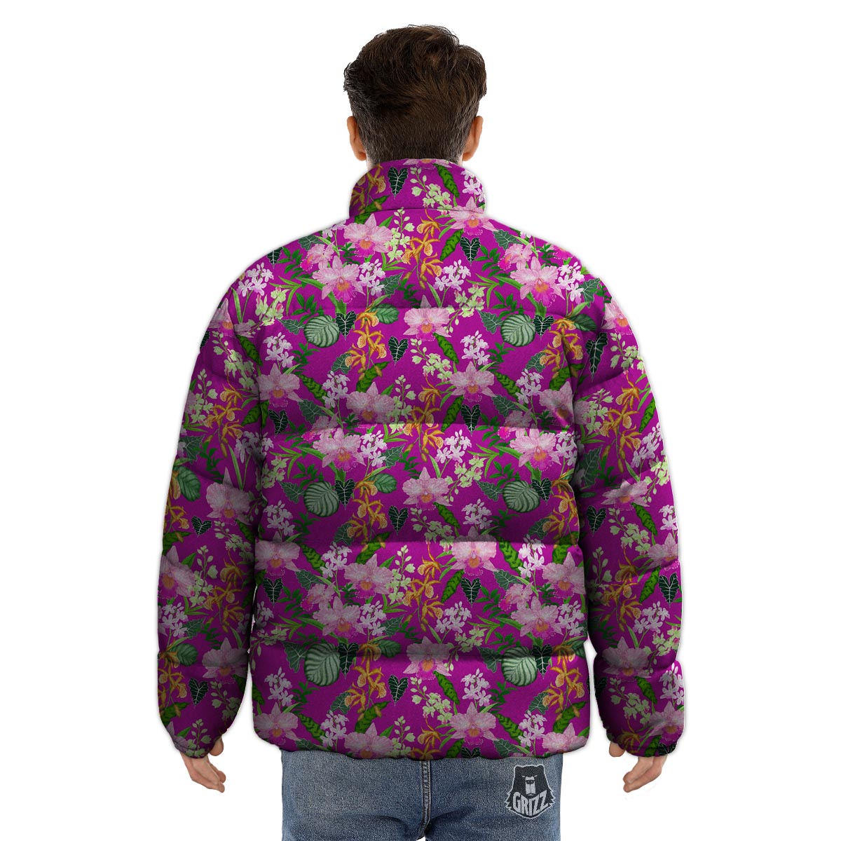 Cattleya Tropical Print Pattern Puffer Jacket-grizzshop
