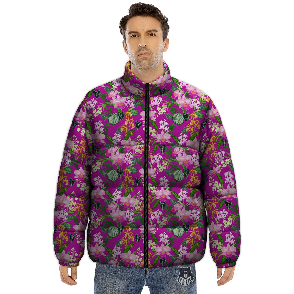 Cattleya Tropical Print Pattern Puffer Jacket-grizzshop