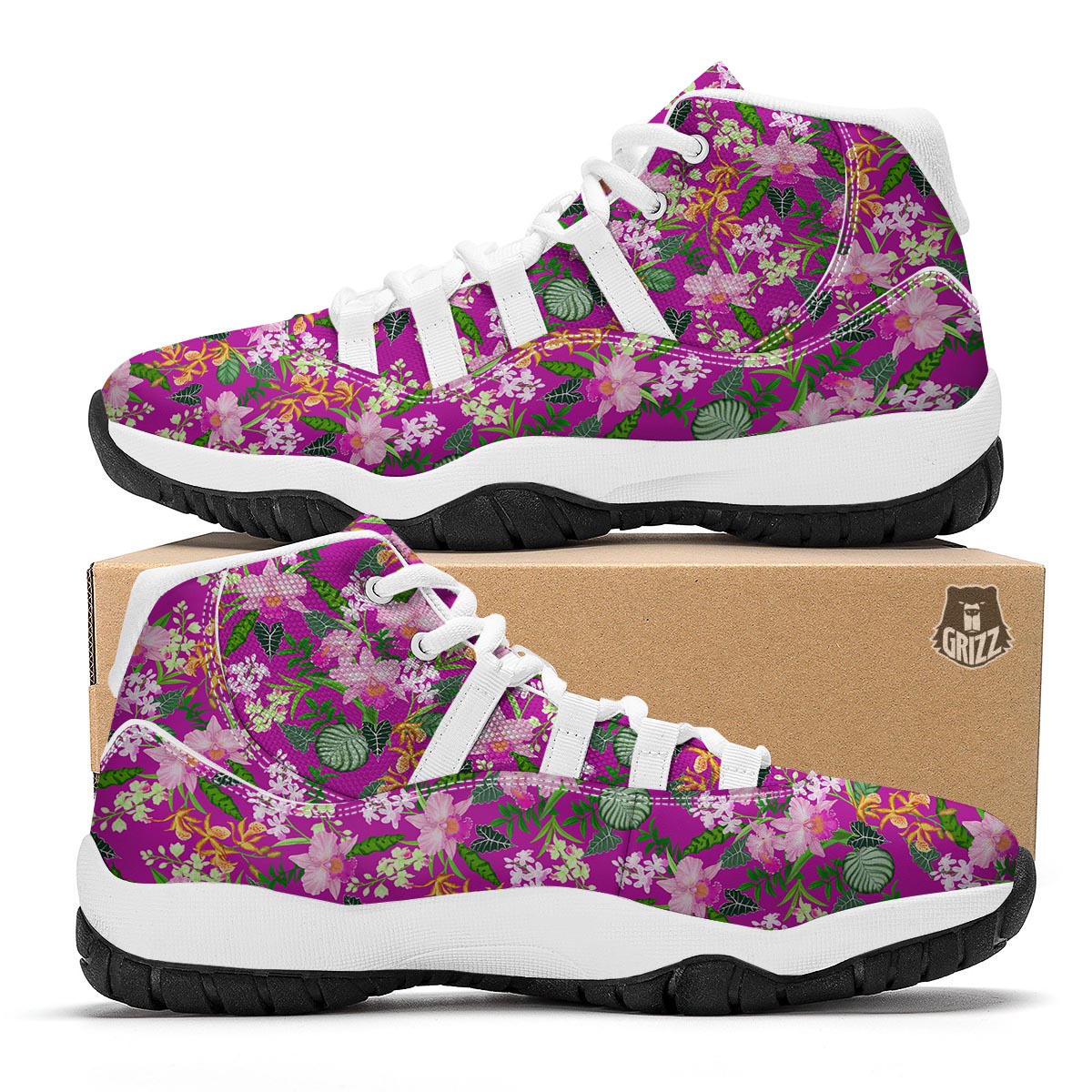 Cattleya Tropical Print Pattern White Bball Shoes-grizzshop