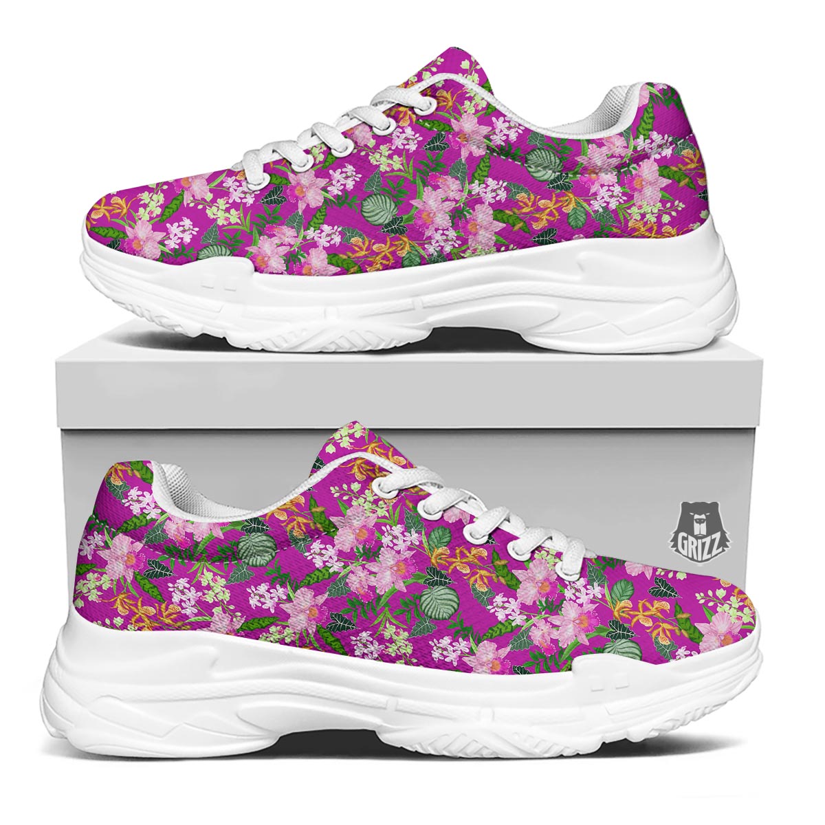 Cattleya Tropical Print Pattern White Chunky Shoes-grizzshop