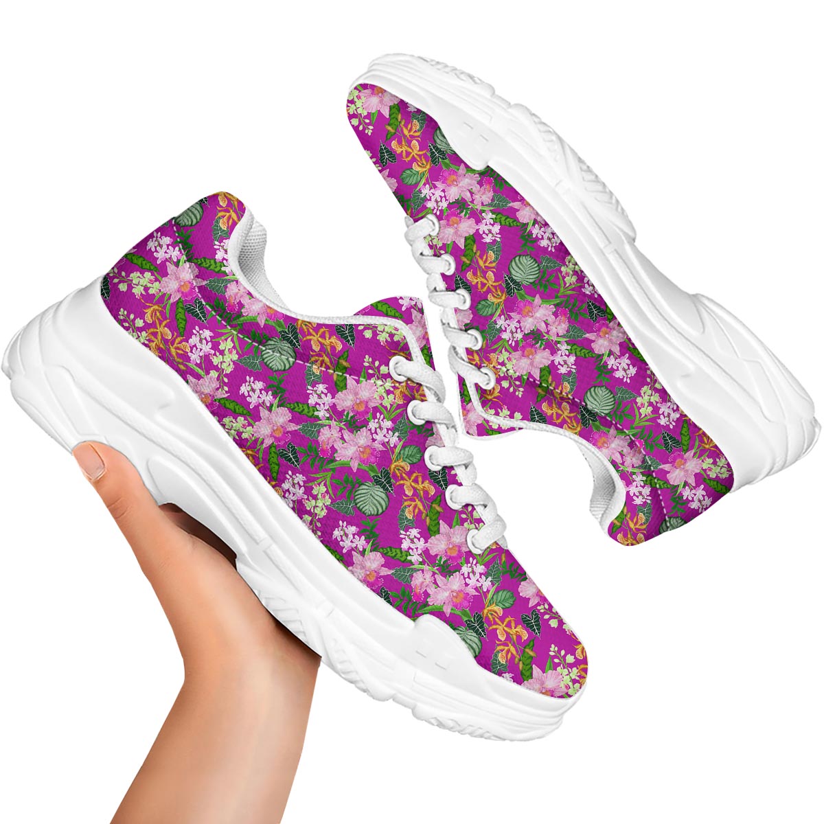 Cattleya Tropical Print Pattern White Chunky Shoes-grizzshop