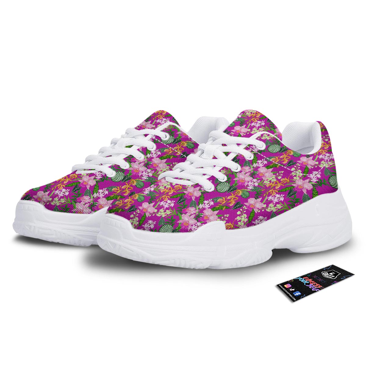 Cattleya Tropical Print Pattern White Chunky Shoes-grizzshop