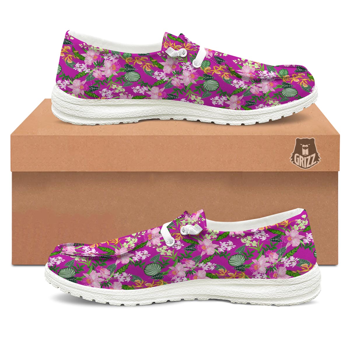Cattleya Tropical Print Pattern White Loafers-grizzshop