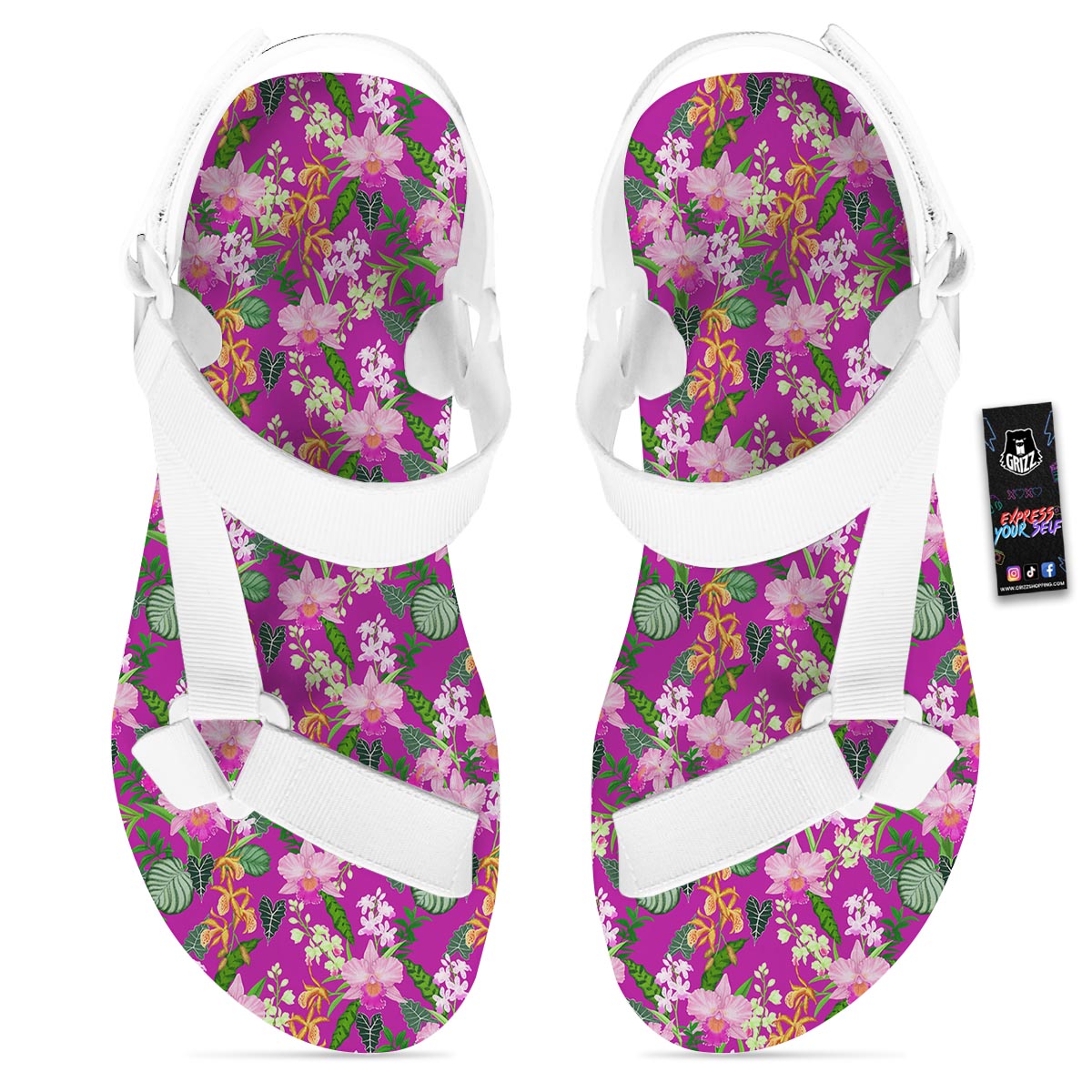 Cattleya Tropical Print Pattern White Open Toe Sandals-grizzshop