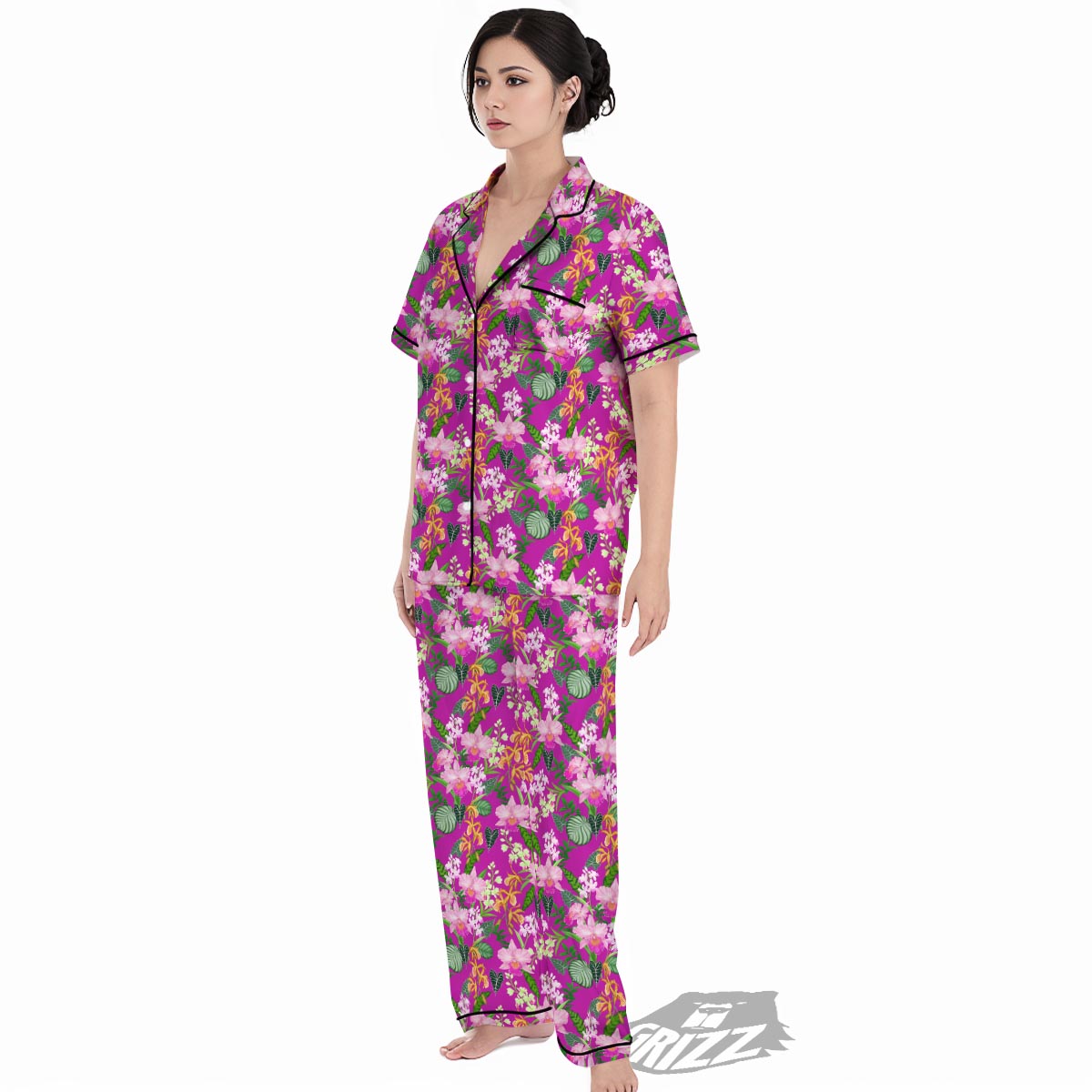 Cattleya Tropical Print Pattern Women's Pajamas Set-grizzshop