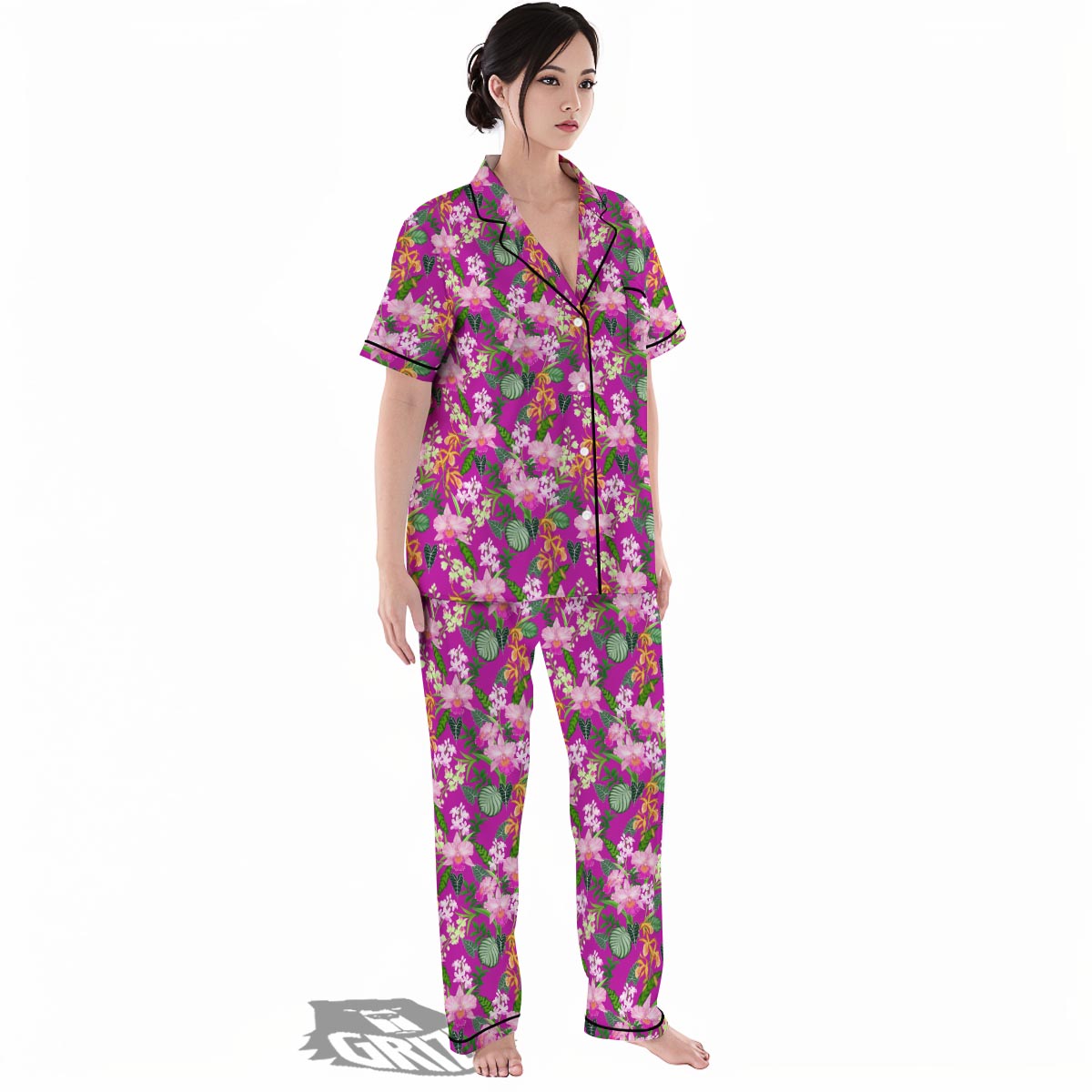 Cattleya Tropical Print Pattern Women's Pajamas Set-grizzshop