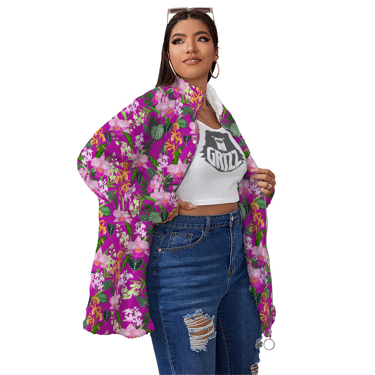 Cattleya Tropical Print Pattern Women's Sherpa Jacket-grizzshop