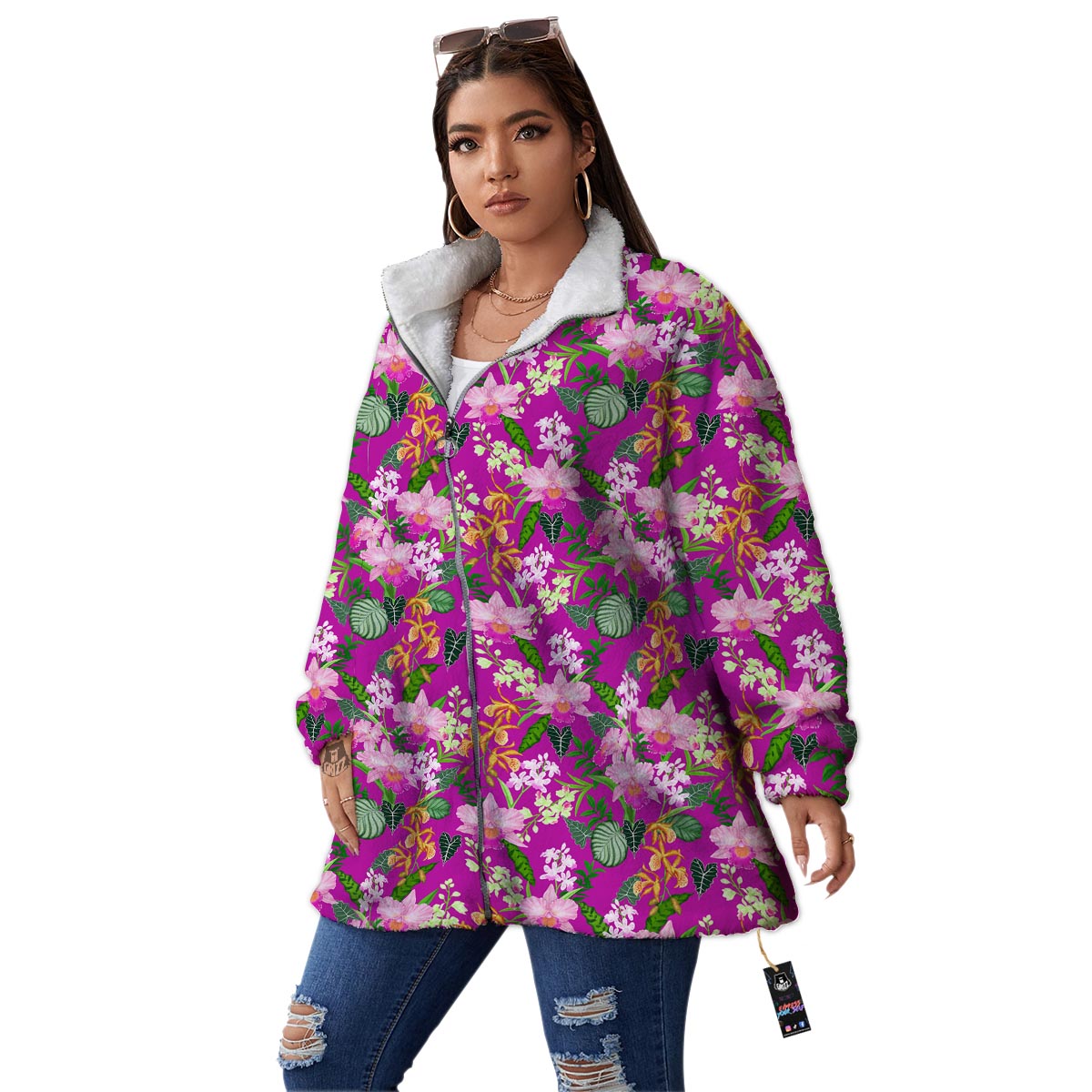 Cattleya Tropical Print Pattern Women's Sherpa Jacket-grizzshop