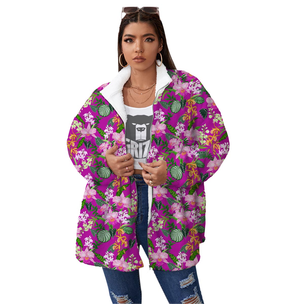 Cattleya Tropical Print Pattern Women's Sherpa Jacket-grizzshop