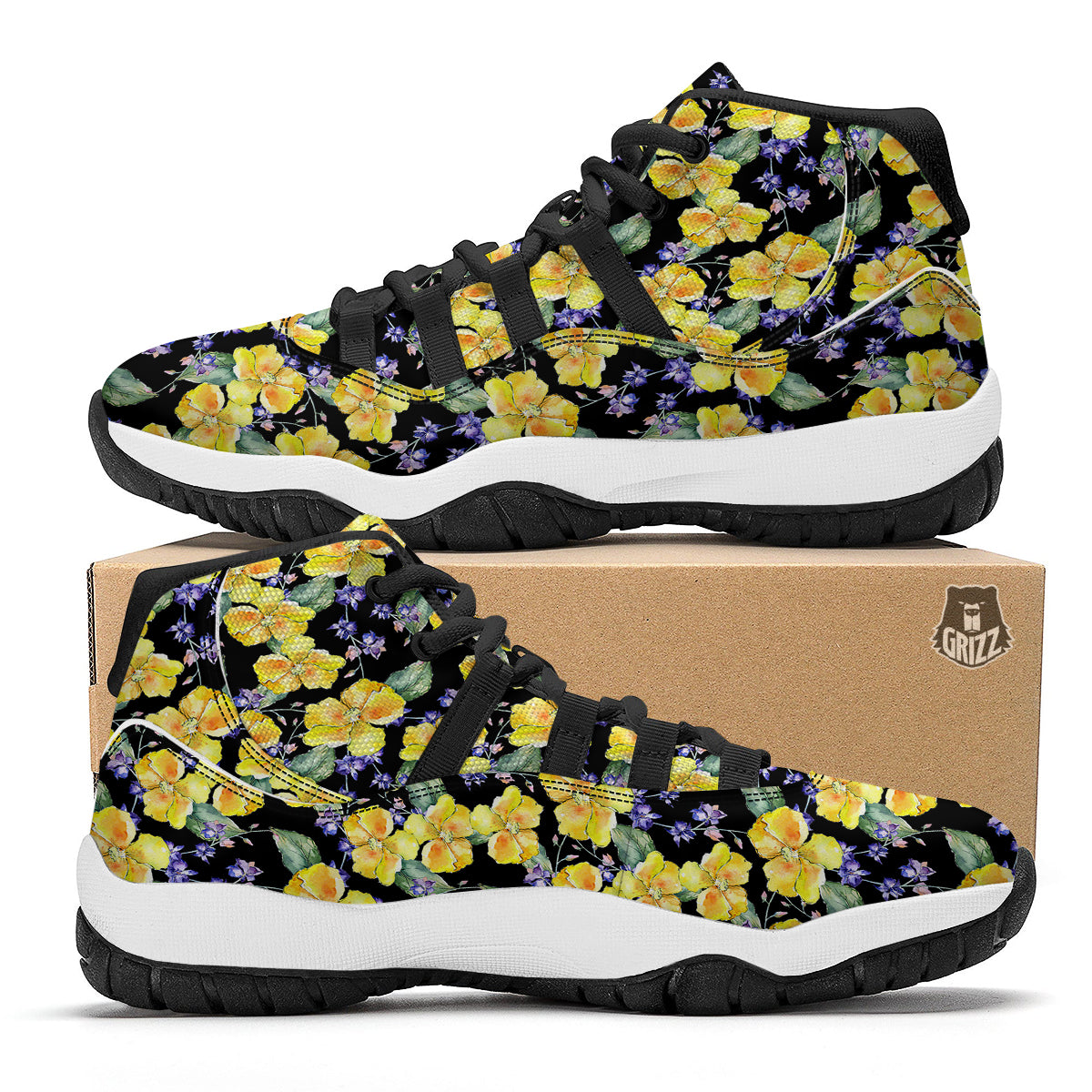 Cattleya Watercolor Print Pattern Black Bball Shoes-grizzshop