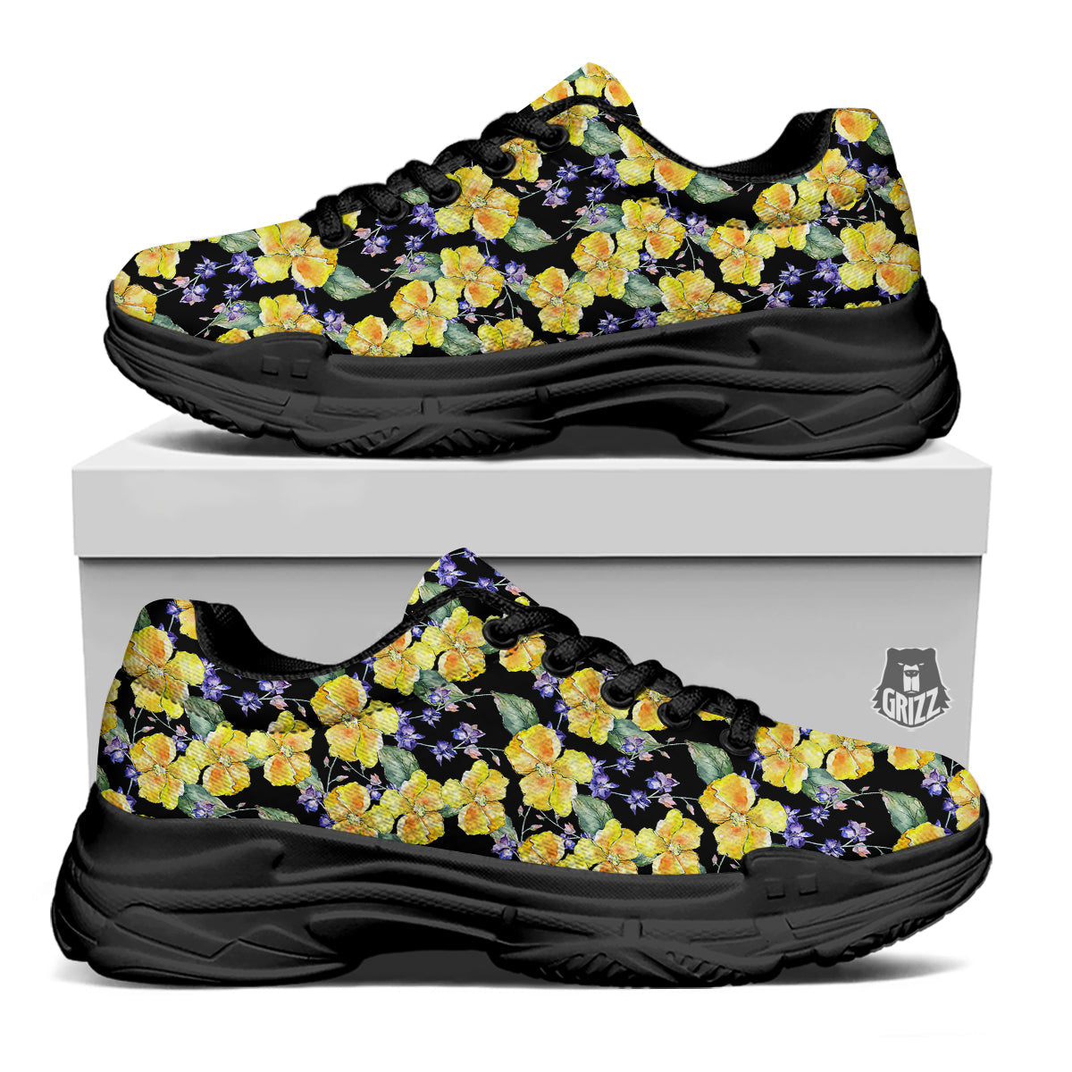 Cattleya Watercolor Print Pattern Black Chunky Shoes-grizzshop