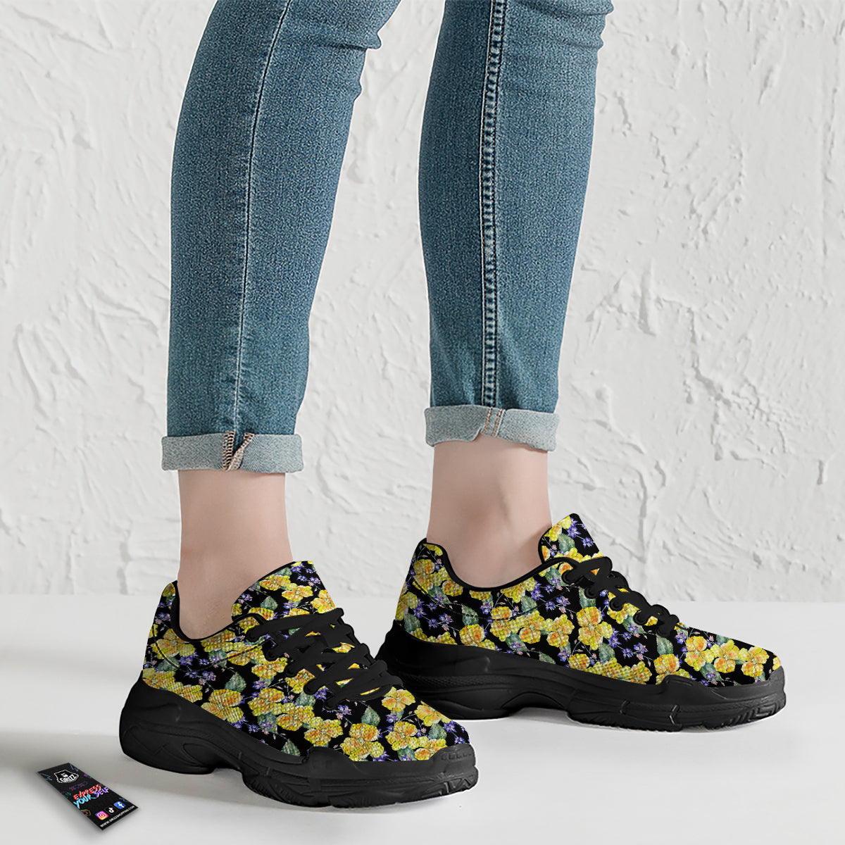 Cattleya Watercolor Print Pattern Black Chunky Shoes-grizzshop