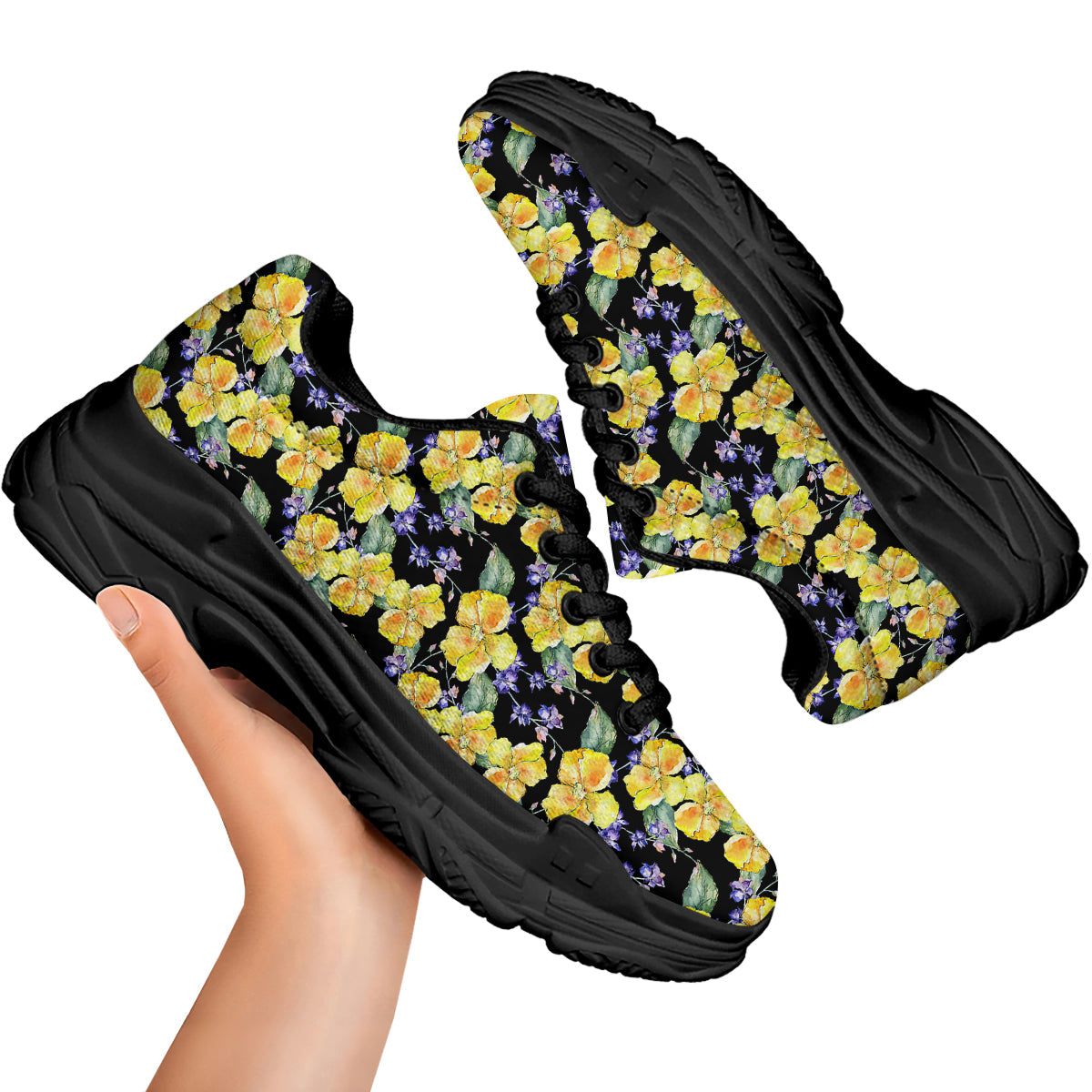 Cattleya Watercolor Print Pattern Black Chunky Shoes-grizzshop