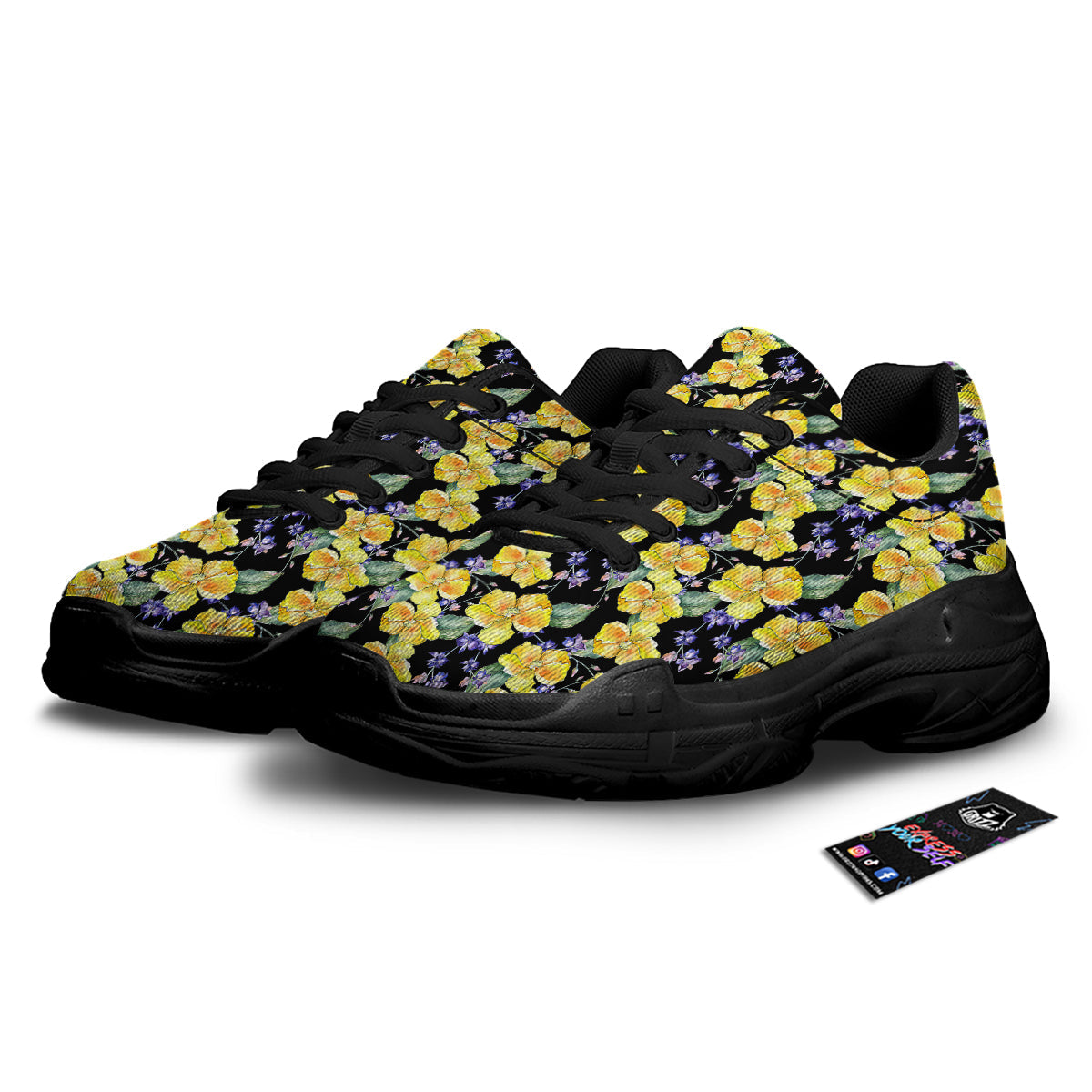 Cattleya Watercolor Print Pattern Black Chunky Shoes-grizzshop