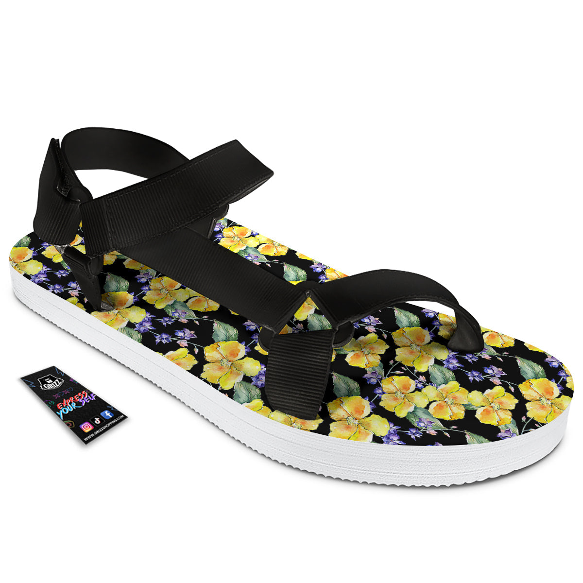 Cattleya Watercolor Print Pattern Black Open Toe Sandals-grizzshop