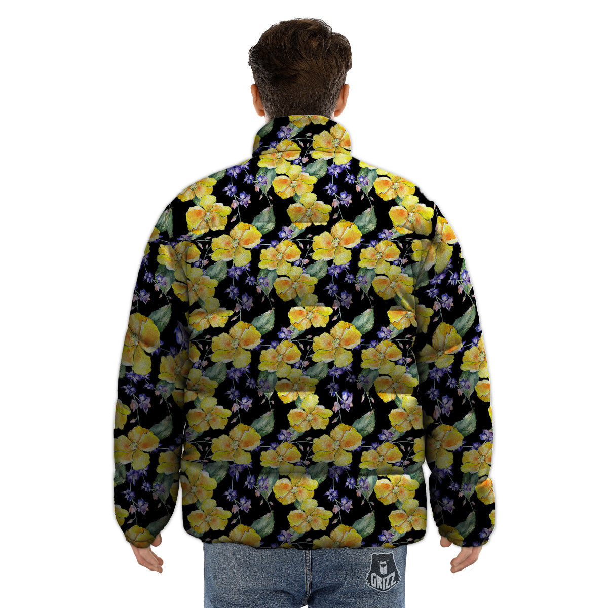 Cattleya Watercolor Print Pattern Puffer Jacket-grizzshop