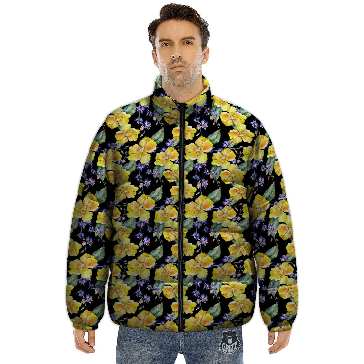 Cattleya Watercolor Print Pattern Puffer Jacket-grizzshop