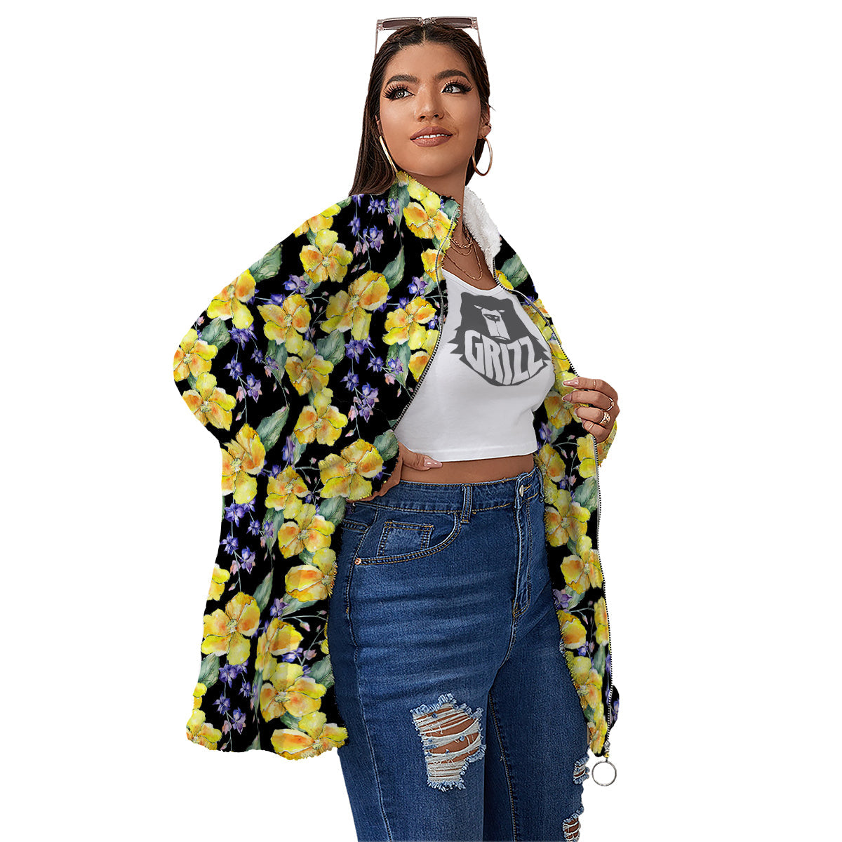 Cattleya Watercolor Print Pattern Women's Sherpa Jacket-grizzshop