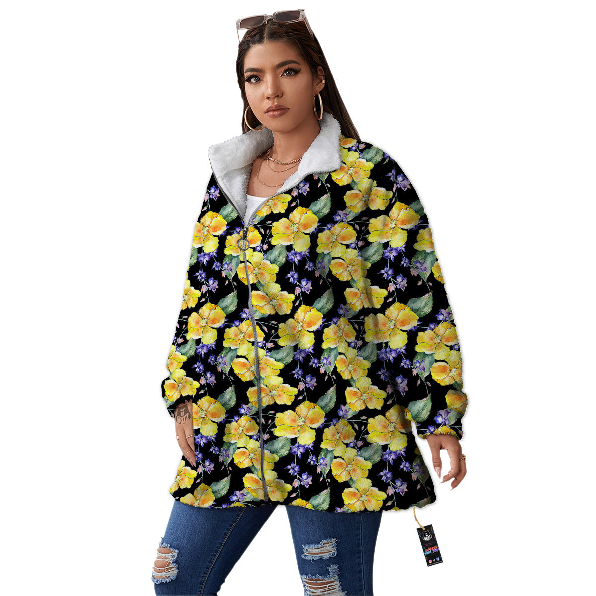Cattleya Watercolor Print Pattern Women's Sherpa Jacket-grizzshop