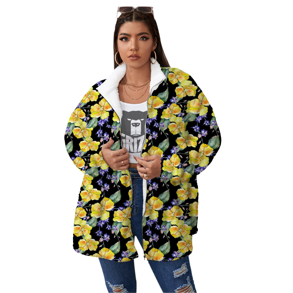 Cattleya Watercolor Print Pattern Women's Sherpa Jacket-grizzshop