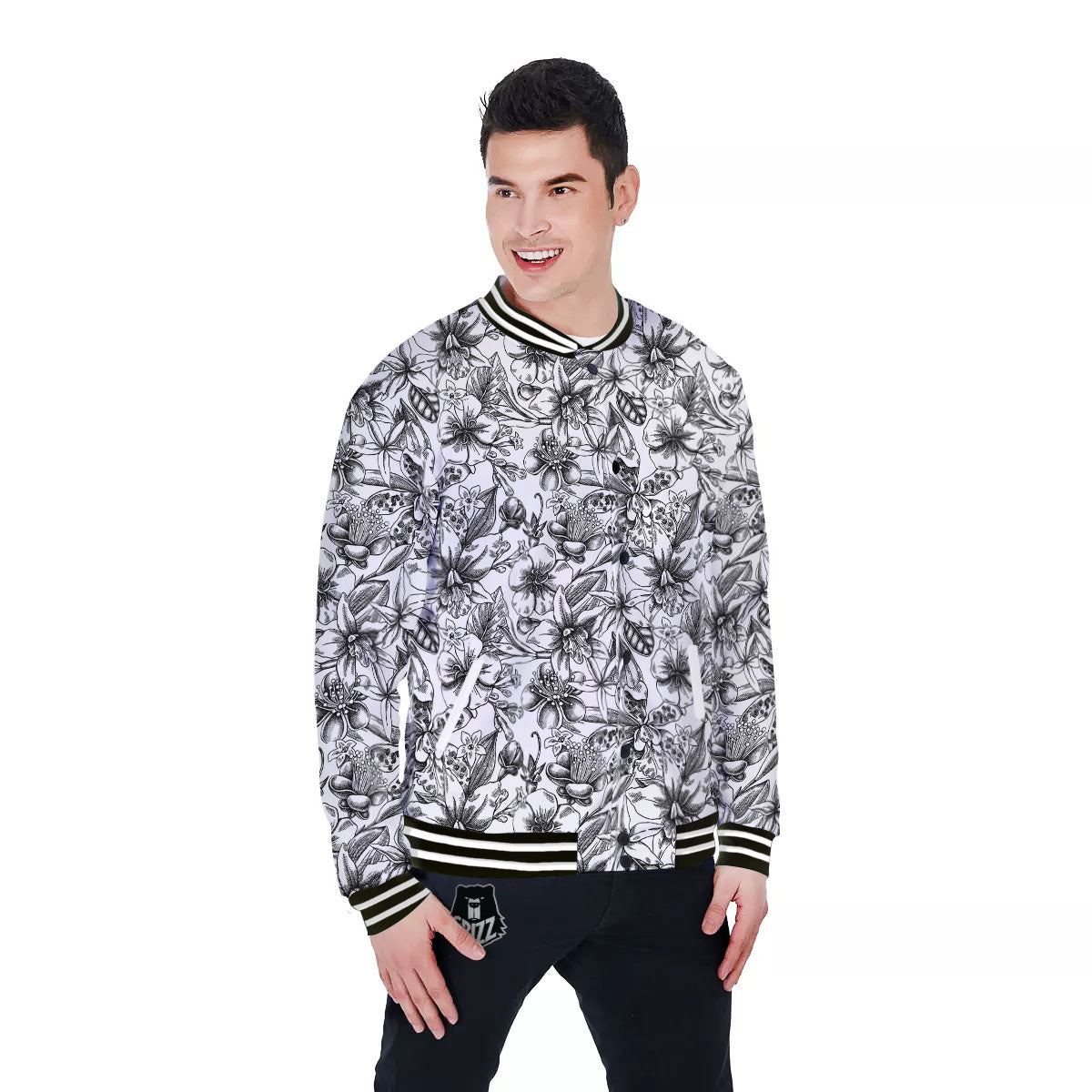 Cattleya White And Black Print Pattern Baseball Jacket-grizzshop
