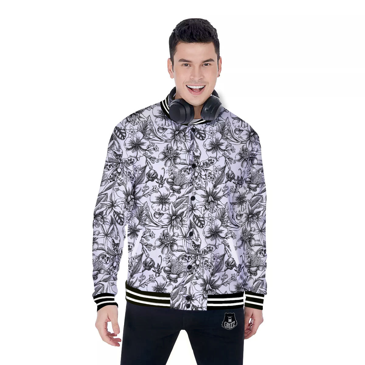 Cattleya White And Black Print Pattern Baseball Jacket-grizzshop