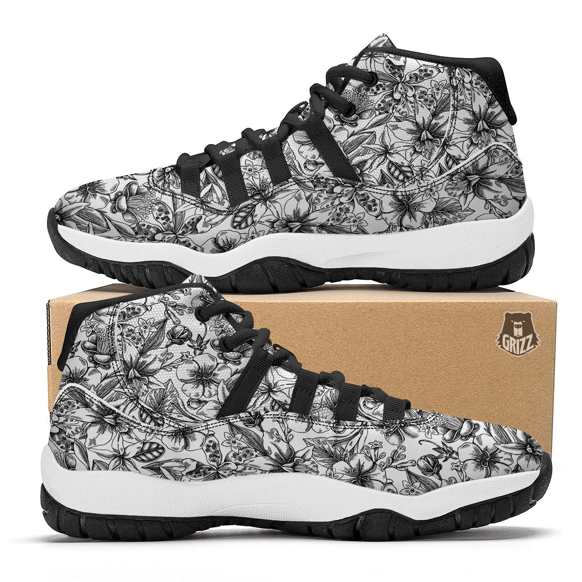Cattleya White And Black Print Pattern Black Bball Shoes-grizzshop