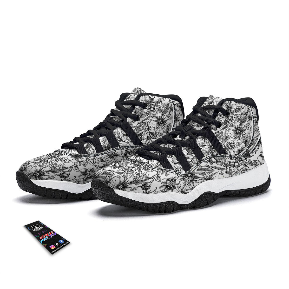 Cattleya White And Black Print Pattern Black Bball Shoes-grizzshop
