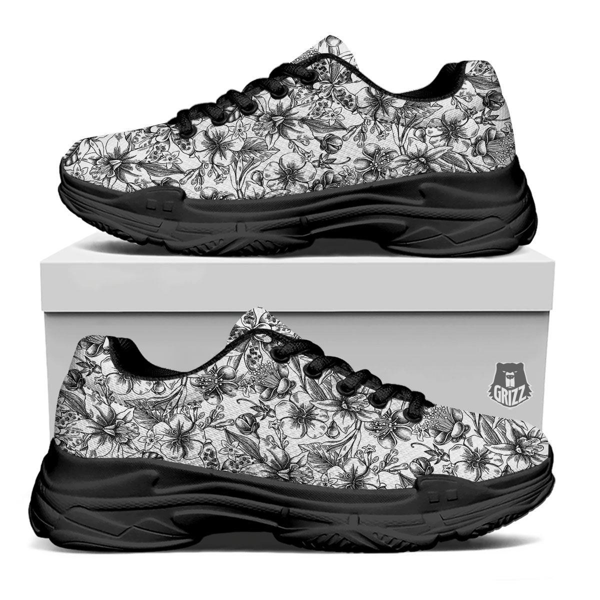 Cattleya White And Black Print Pattern Black Chunky Shoes-grizzshop