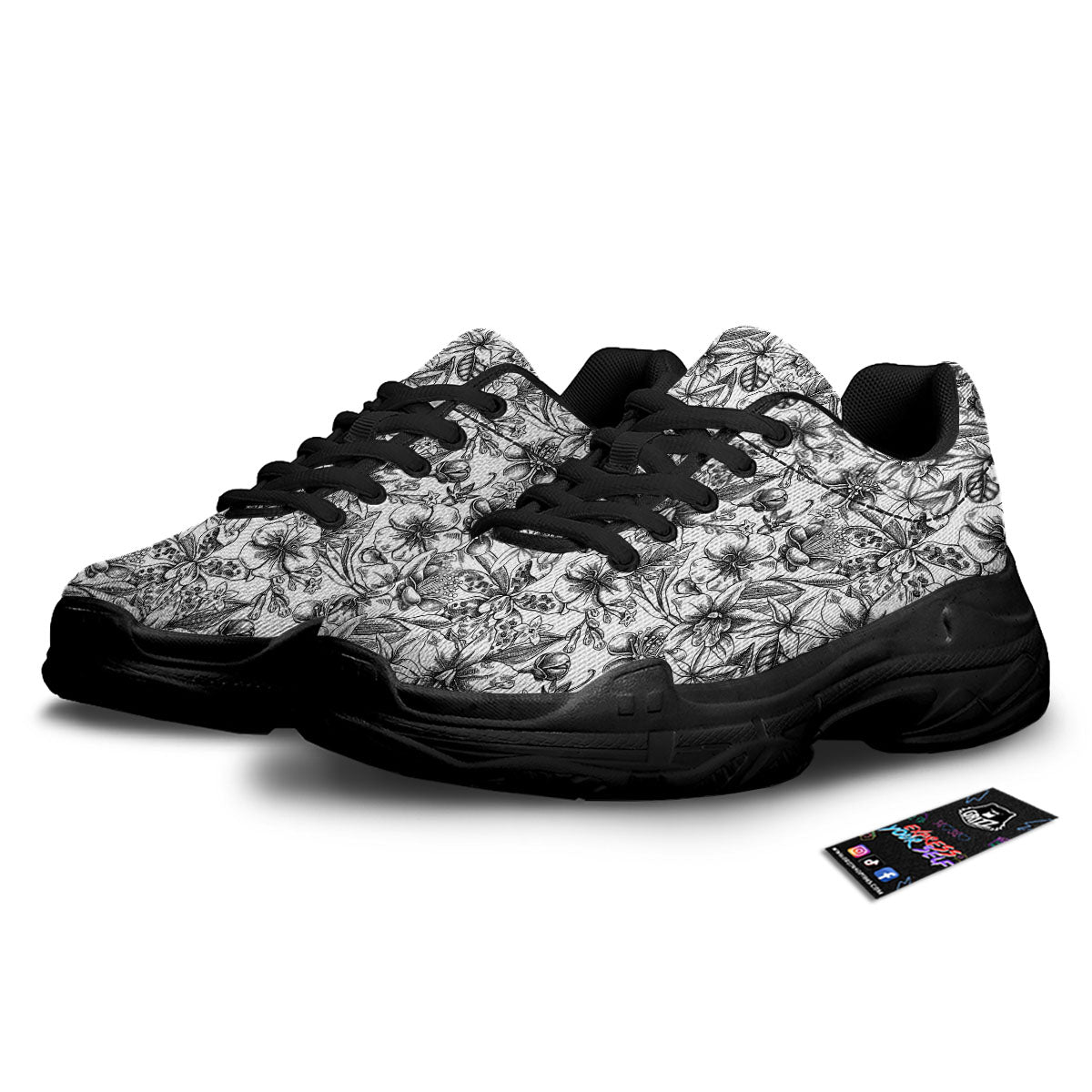 Cattleya White And Black Print Pattern Black Chunky Shoes-grizzshop