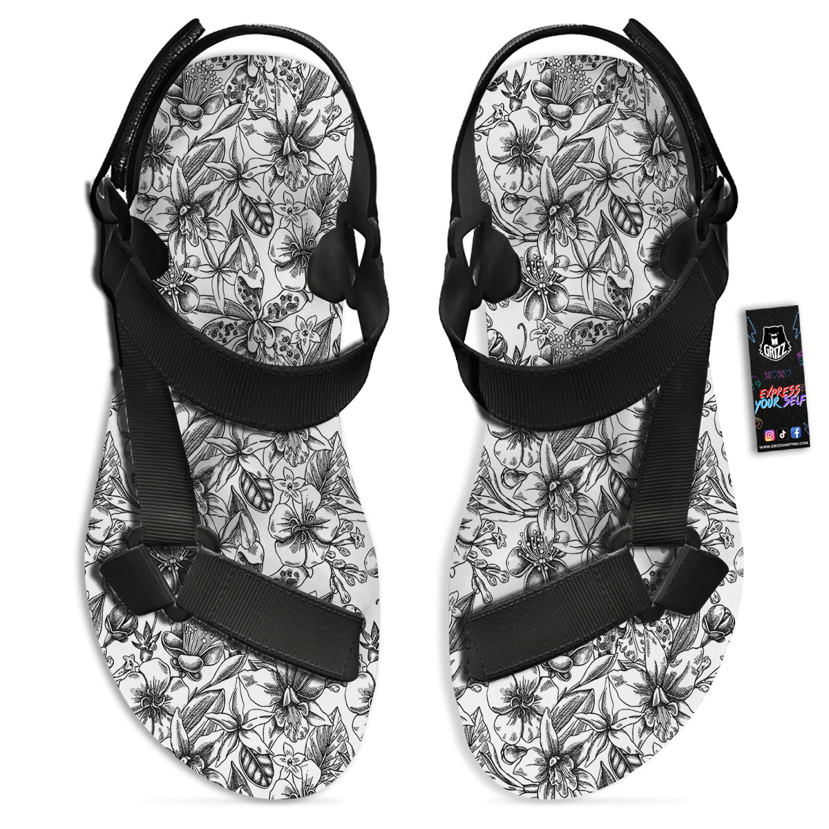 Cattleya White And Black Print Pattern Black Open Toe Sandals-grizzshop