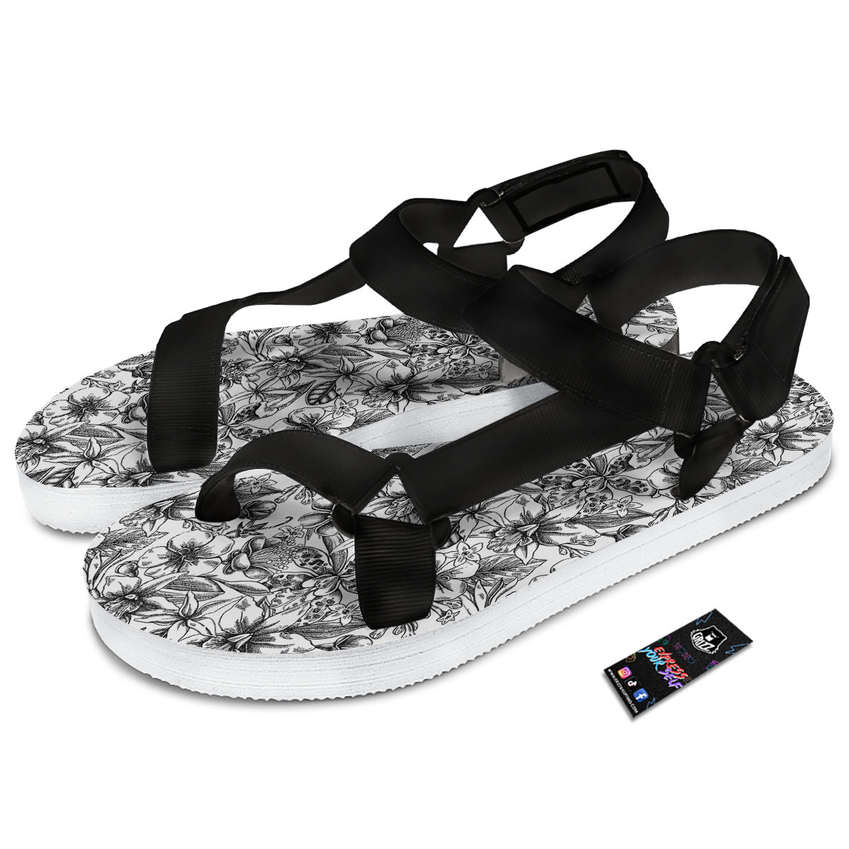Cattleya White And Black Print Pattern Black Open Toe Sandals-grizzshop