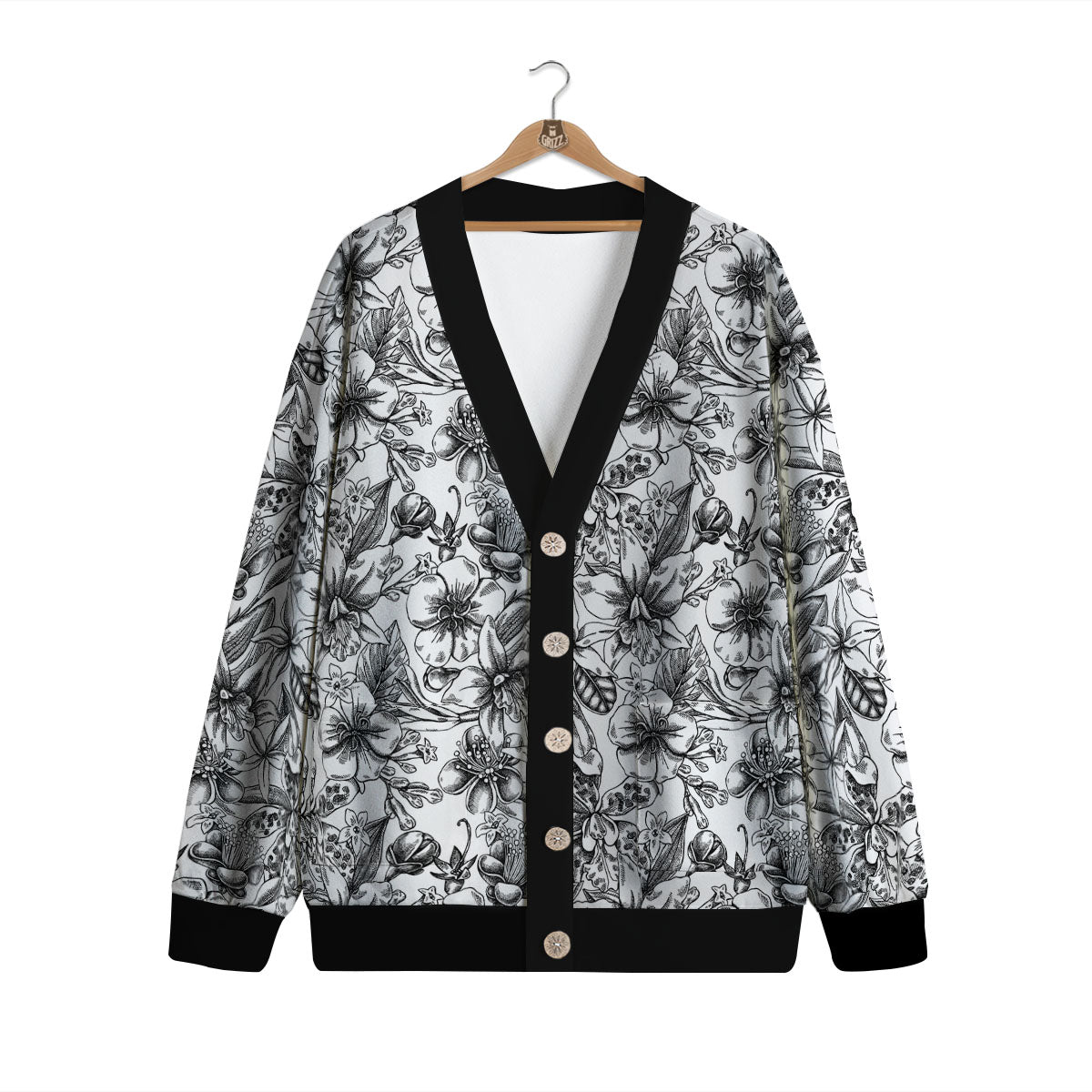 Cattleya White And Black Print Pattern Cardigan-grizzshop