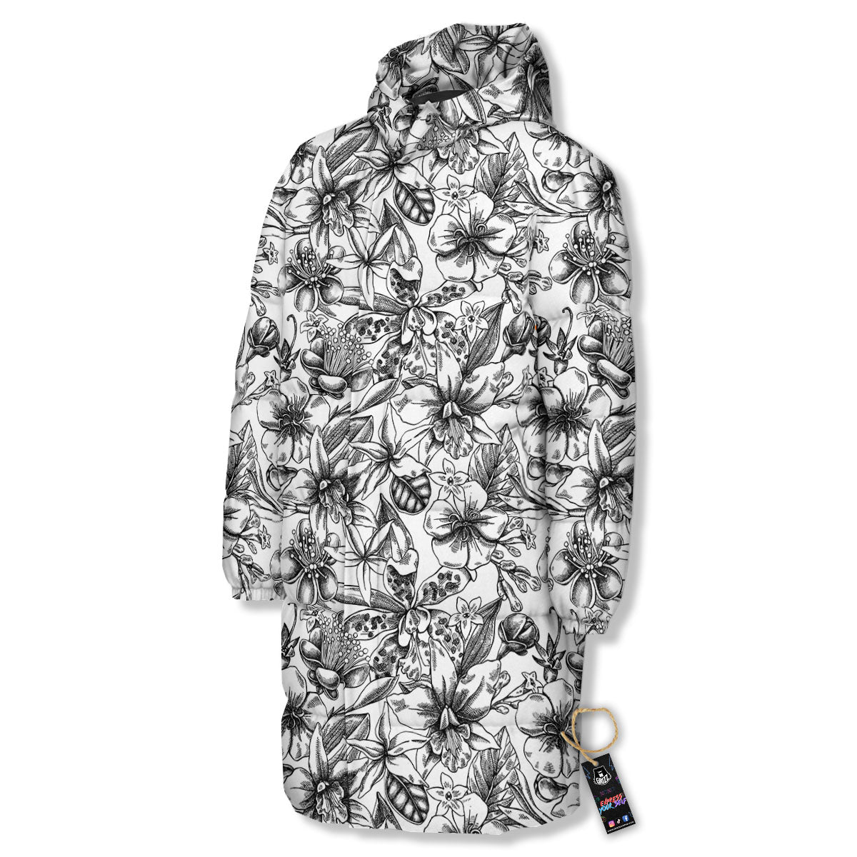 Cattleya White And Black Print Pattern Long Down Jacket-grizzshop