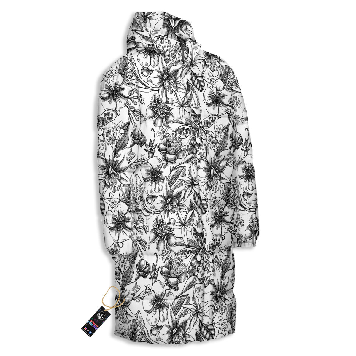 Cattleya White And Black Print Pattern Long Down Jacket-grizzshop