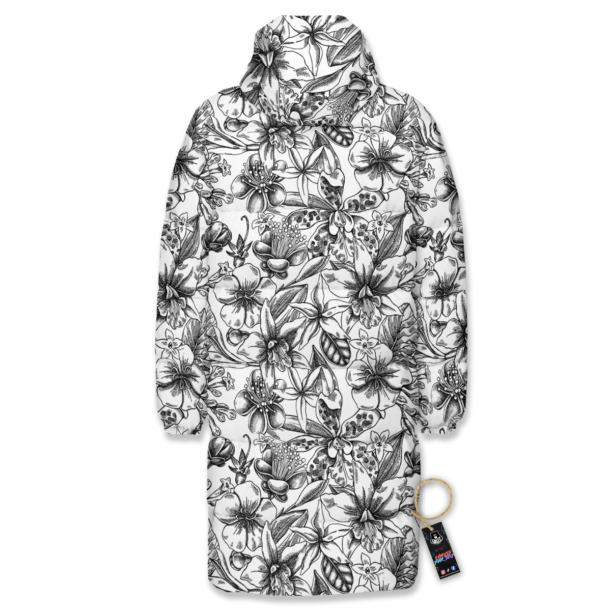 Cattleya White And Black Print Pattern Long Down Jacket-grizzshop