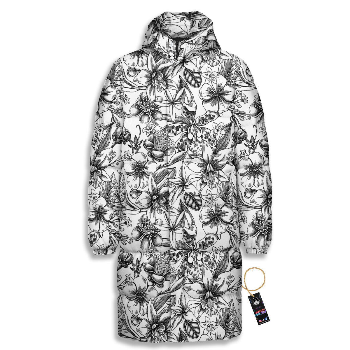 Cattleya White And Black Print Pattern Long Down Jacket-grizzshop