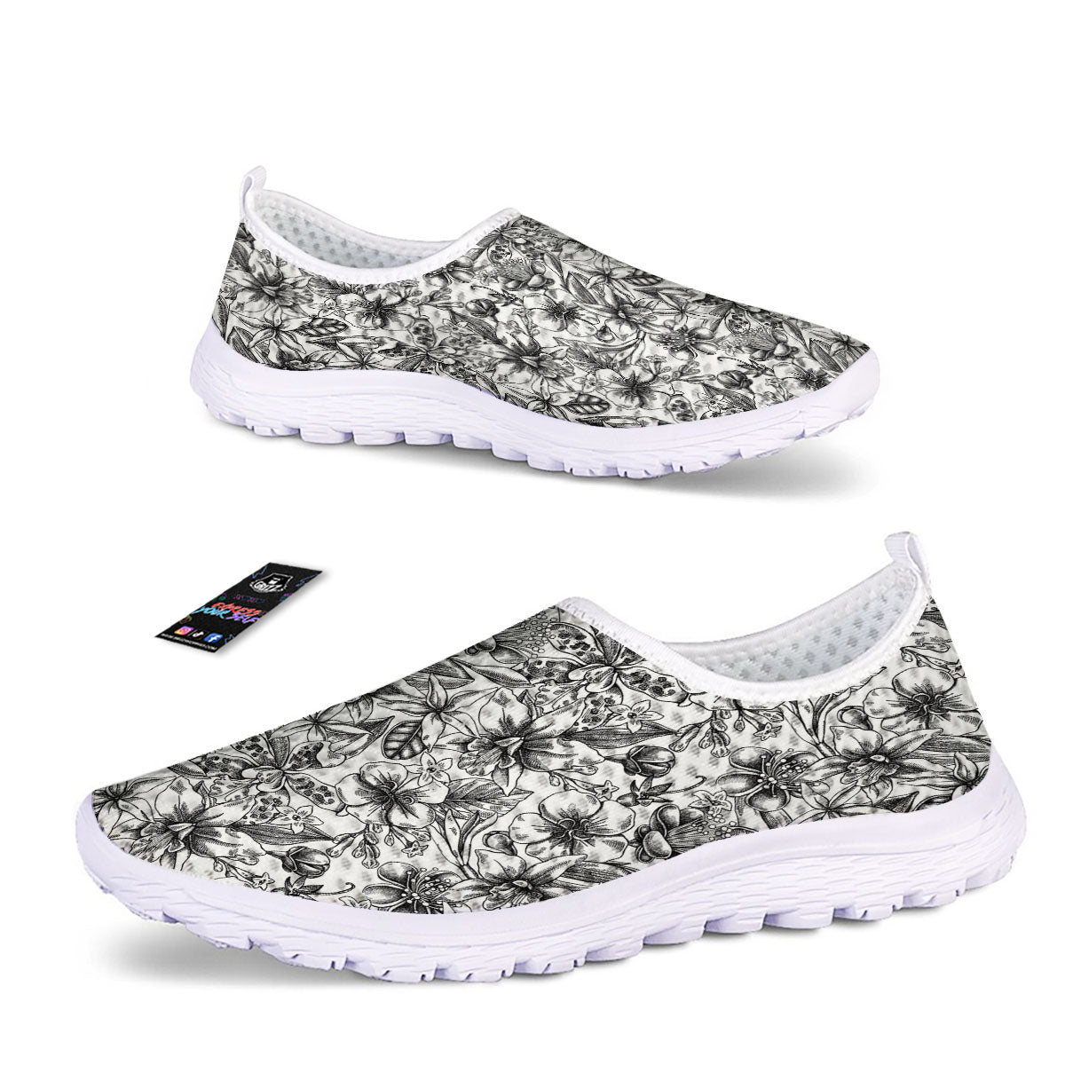 Cattleya White And Black Print Pattern Nurse Shoes-grizzshop
