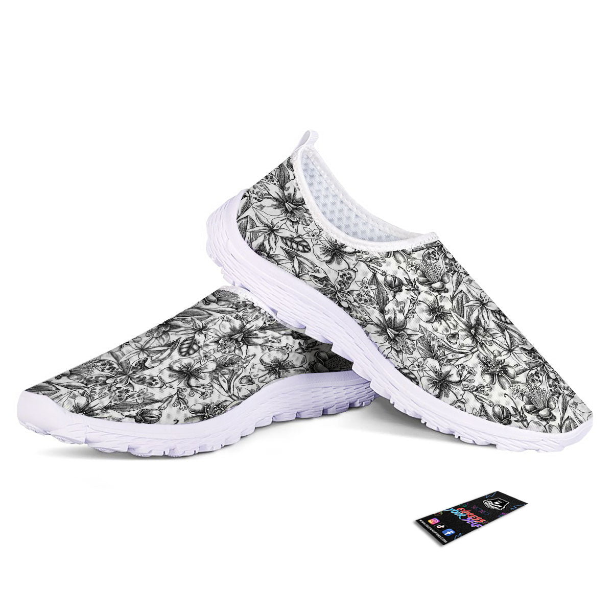 Cattleya White And Black Print Pattern Nurse Shoes-grizzshop