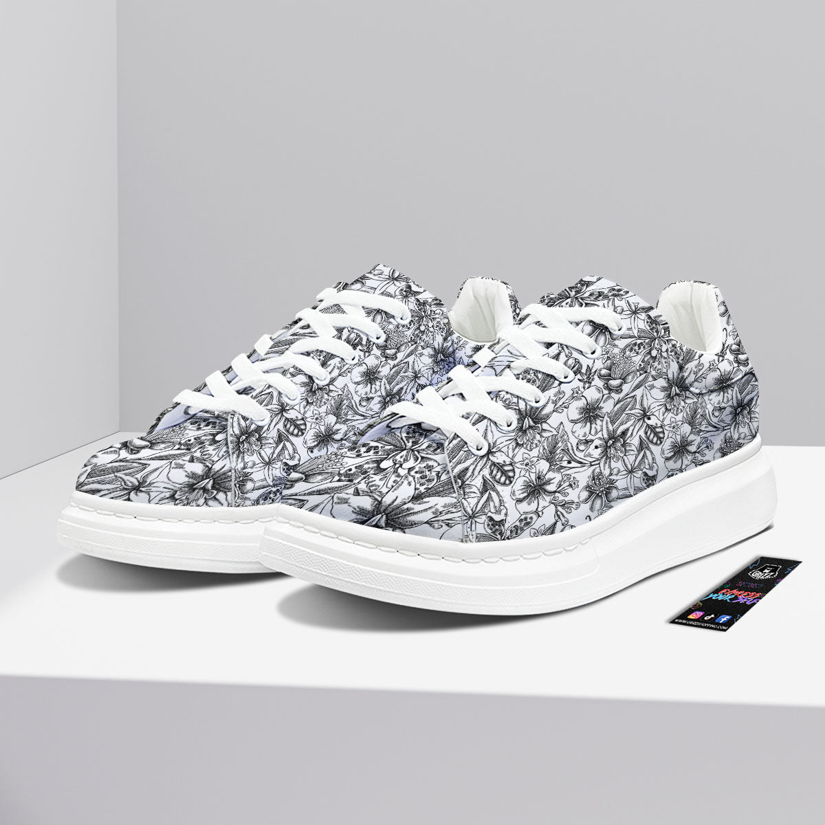 Cattleya White And Black Print Pattern Platform Shoes-grizzshop