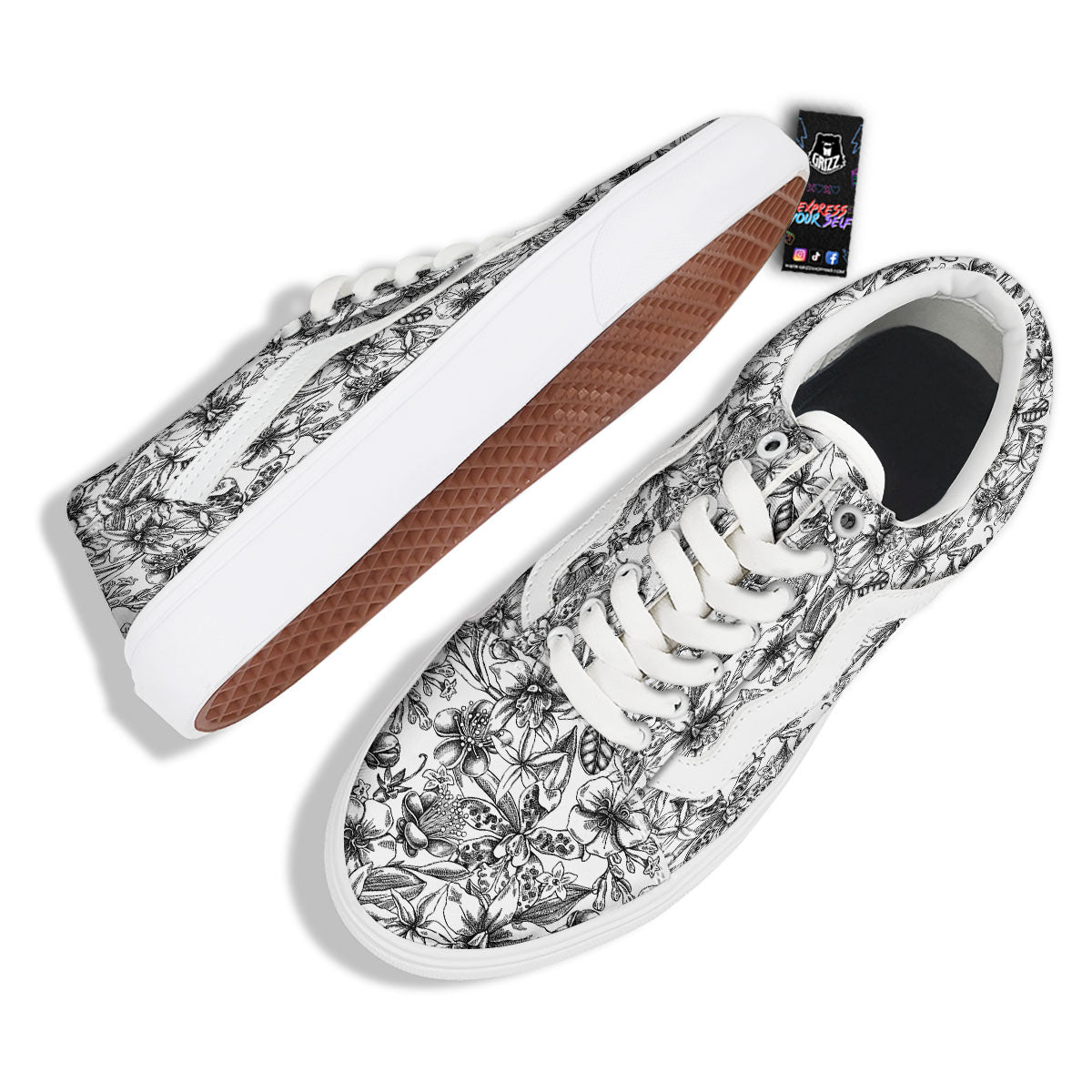 Cattleya White And Black Print Pattern Skate Shoes-grizzshop