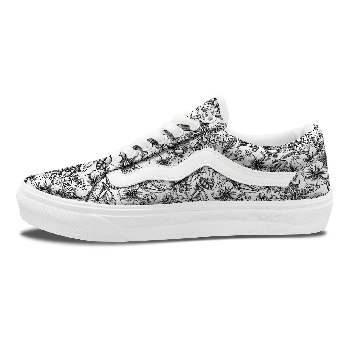 Cattleya White And Black Print Pattern Skate Shoes-grizzshop