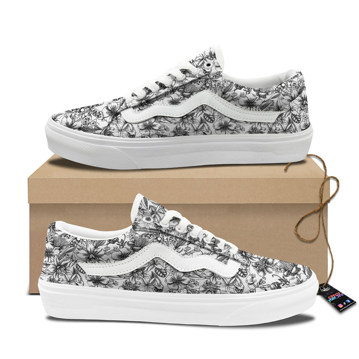 Cattleya White And Black Print Pattern Skate Shoes-grizzshop