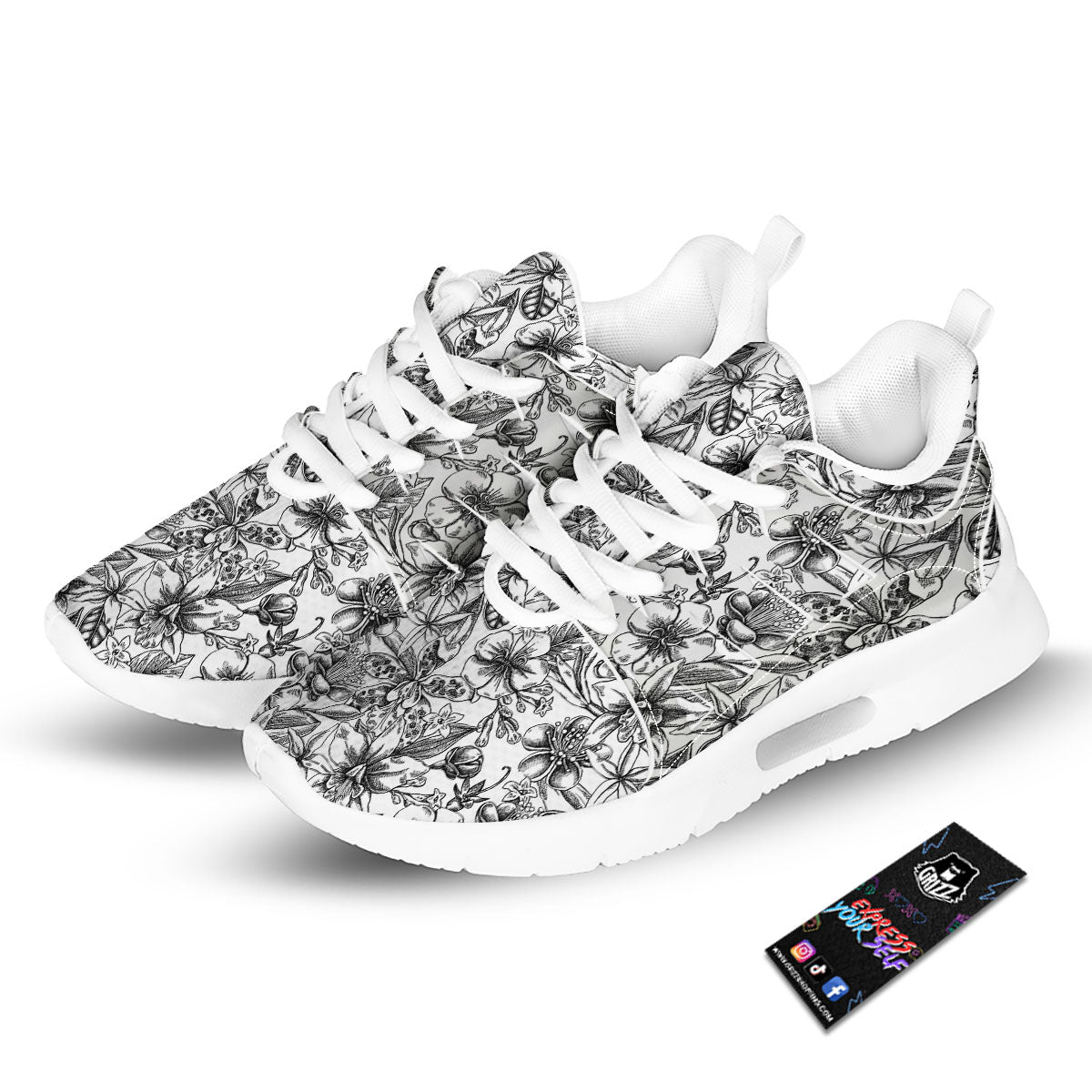 Cattleya White And Black Print Pattern Tennis Shoes-grizzshop