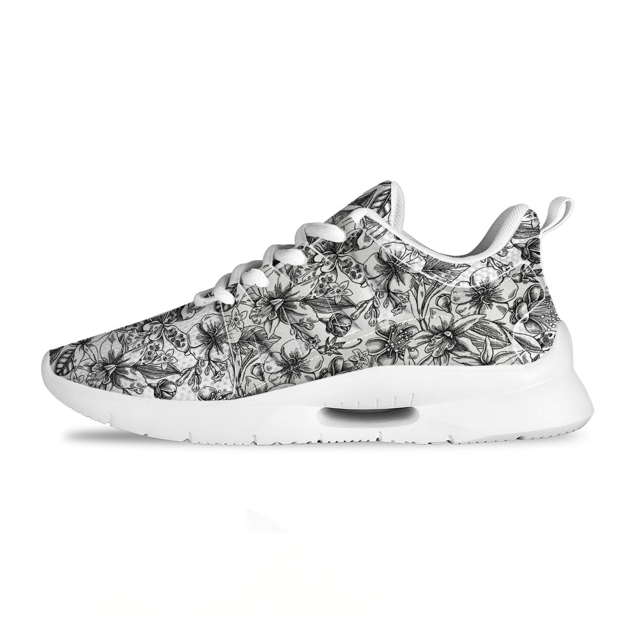 Cattleya White And Black Print Pattern Tennis Shoes-grizzshop